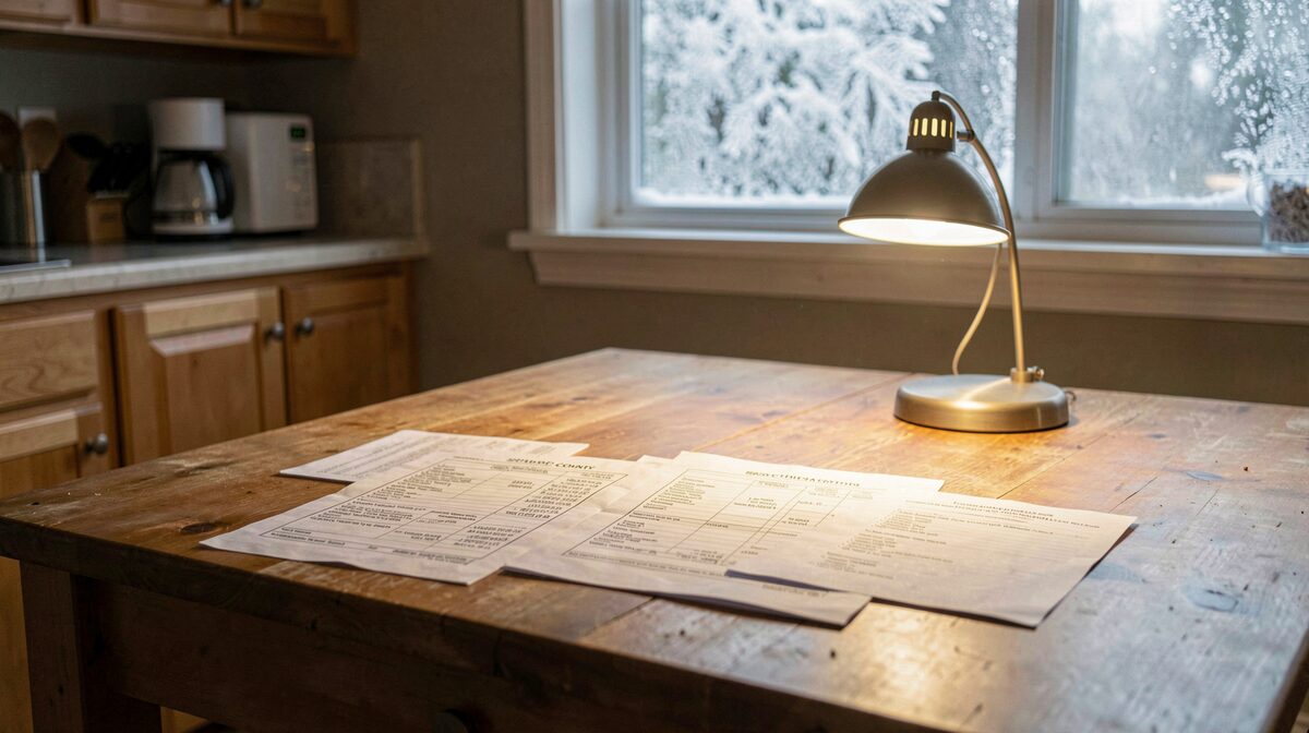 A kitchen table in a Spokane County house in February, county parcel record printouts and a listing sheet spread under a warm lamp, frost on the window behind.