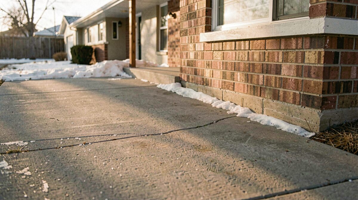 A concrete walk meeting the brick veneer and slab edge of a modest ranch house in Spokane County on a February afternoon, low sun raking across a hairline crack and a dusting of old snow at the foundation line, shot from a kneeling angle about three feet back.