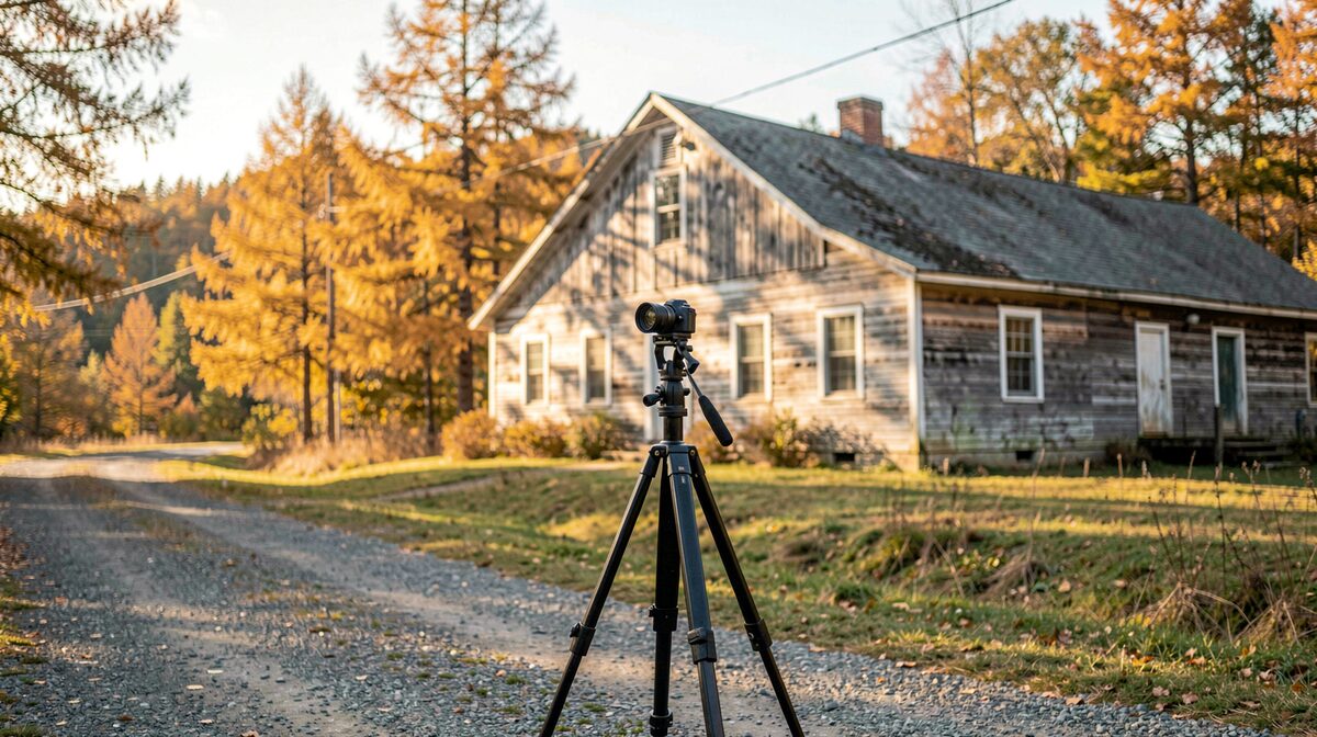 A tripod-mounted camera leveled in front of a weathered farmhouse on a gravel county road, late October afternoon light raking across larch turning gold, the whole west elevation in frame with the foundation line and roof edge visible.