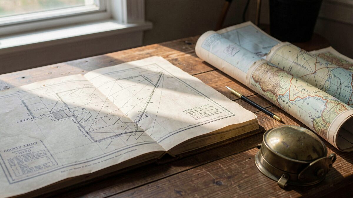 A folded 1910 county plat book open on a wooden table beside a brass surveyor's cap and a rolled topographic quad, morning light from a north window raking across the paper.