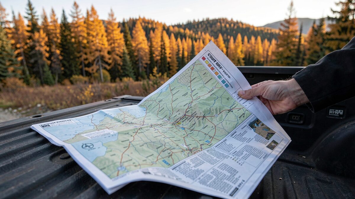 A county soil survey map spread open on a tailgate in October, a hand holding the corner against the wind, larch turning gold on the ridge behind, low afternoon light.